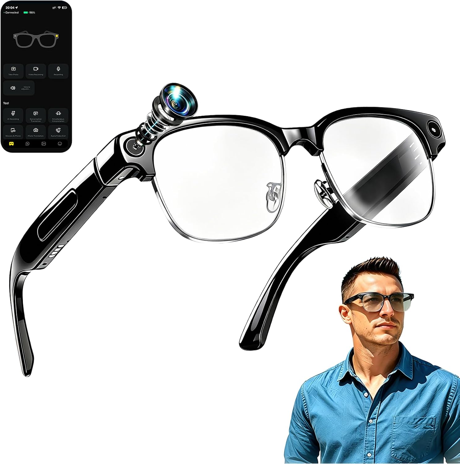 BeeJovial AJ68 AI Smart Glasses with 2K Camera and FunSeek AI